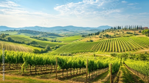 Wallpaper Mural Lush Green Vineyard Landscape Under a Bright Blue Sky with Rolling Hills Torontodigital.ca