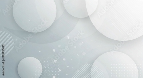 Modern abstract background with white and grey translucent circles and geometric patterns.
