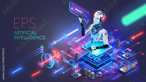 CPU with artificial intelligence. Chatbot looks out of AI chip on motherboard, answers questions. A robot or cyborg with bubble over an AI processor. An electronic chip with artificial intelligence.