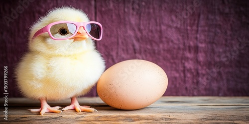 Cute chick in pink sunglasses with egg