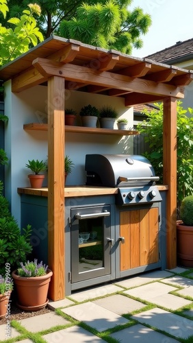 Small outdoor kitchen with a grill and a wooden counter. The counter has a few potted plants