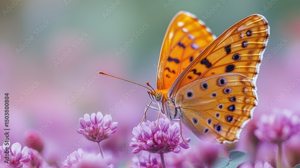 Obraz premium A golden butterfly resting on a field of pink and purple clover blooms