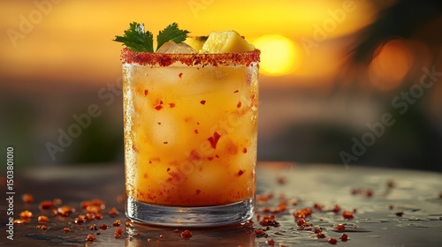 Spicy pineapple margarita with a chili rim, vibrant sunset reflecting in the drink