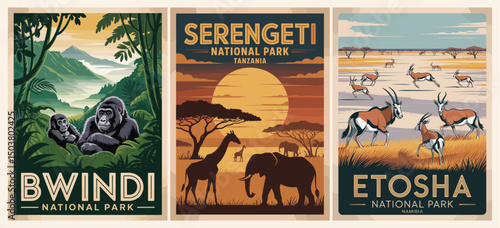 Set of retro travel posters of African National Parks – Serengeti, Bwindi, Etosha. Safari animals, savanna and wild landscapes. Flat vector summer vacation travel concept.