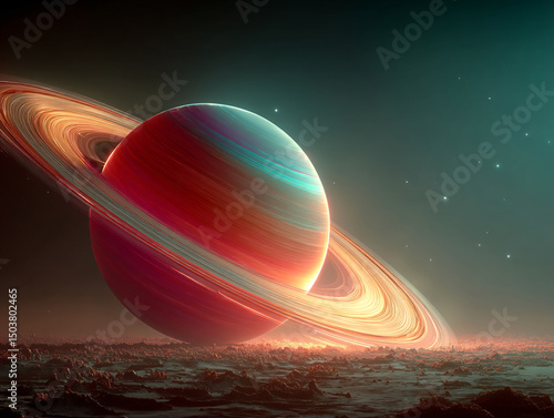 a planet with a prominent ring system, surrounded by a vast, star-speckled expanse of space. The planet's surface is textured, and the rings appear to be composed of smaller, scattered particles.