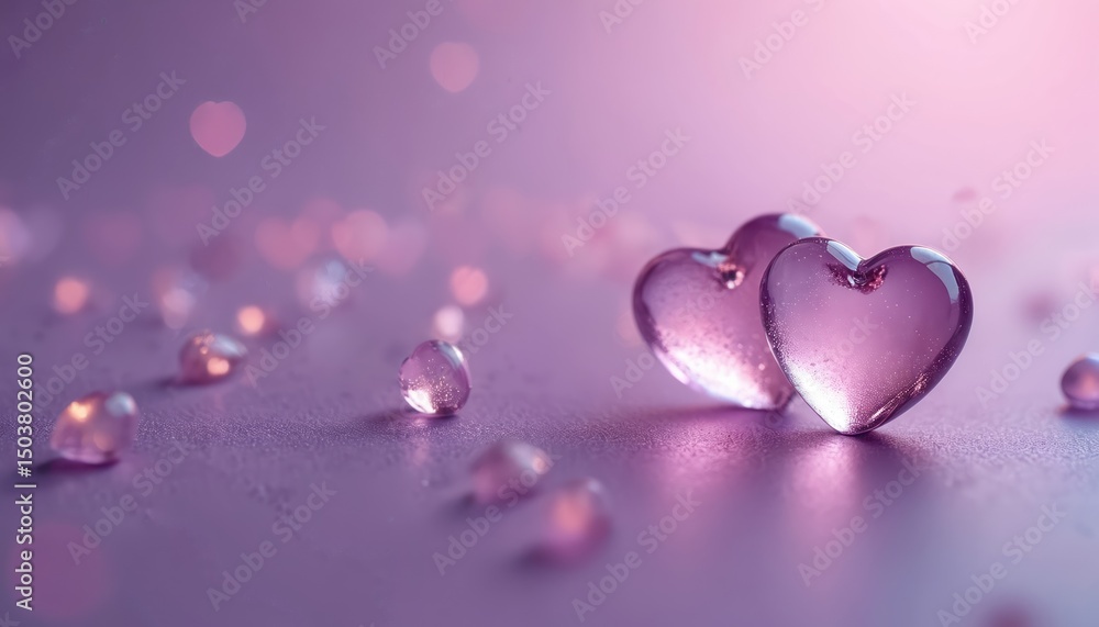 Obraz premium Two small glass transparent hearts on soft purple background. Romantic love concept, delicate, pastel, minimalistic, modern, elegant, charming, dreamy, vibrant, smooth, serene atmosphere.