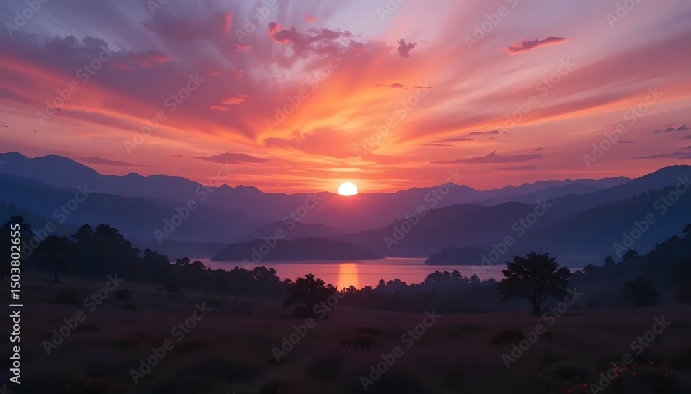 Naklejka premium Beautiful Summer Sunset with Vibrant Colors Evoking Chills – Generative AI