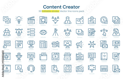 Content Creator line icon pack. Content Creator Stroke icon set. Editable Stroke icon