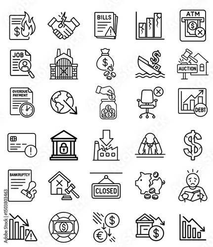 Great recession icon set shows financial crisis, debt, bankruptcy, and economic downturn symbols