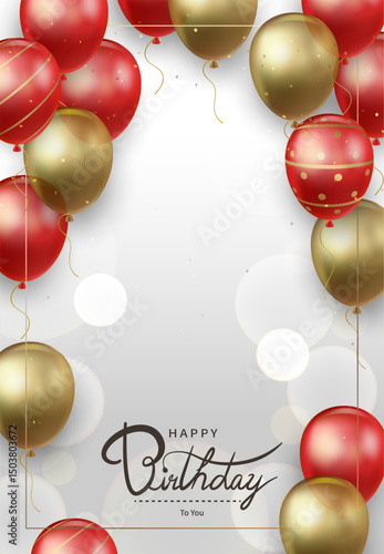Birthday greeting card with floating gold and red balloons on a light background