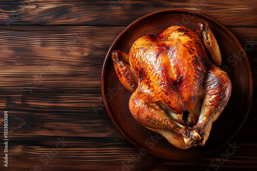 Whole roasted chicken with crispy skin served in a dark bowl, ideal for family dinner ads, rotisserie menus, or festive food preparation guides