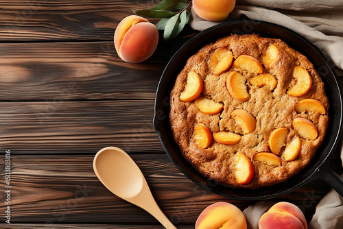 Fresh peach cobbler dessert in a rustic baking dish with whole peaches around, perfect for seasonal recipe content, bakery ads, or homemade food promotions