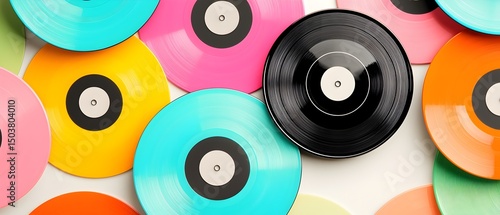 A collection of colorful records with one black record in the middle