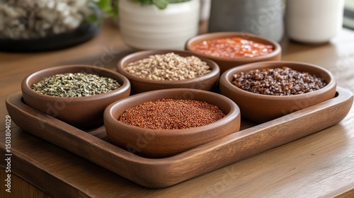 Close up of assorted spices in decorative bowls on wooden tray with soft natural lighting