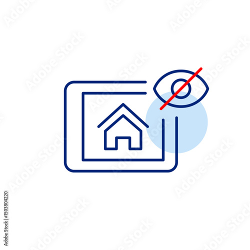 Vector icon of home displayed on tablet with crossed-out eye, symbolizing private residence, hidden smart home controls, or invisible monitoring. Ideal for smart home apps, privacy settings, and real 