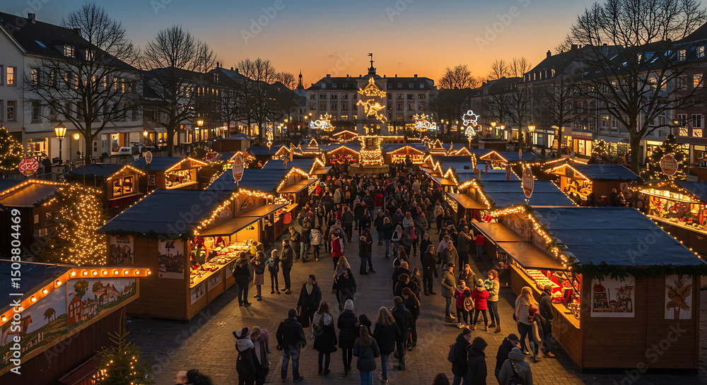 Obraz premium Illuminated Christmas Market Scene with Crowds and Festive Decorations at Dusk