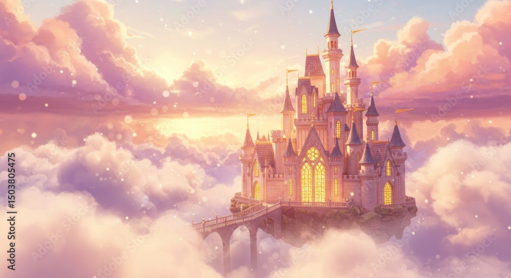 Naklejka premium Enchanting fairytale castle floating amidst the clouds at sunset, a whimsical fantasy world