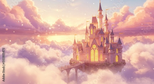 Fototapeta Naklejka Na Ścianę i Meble -  Enchanting fairytale castle floating amidst the clouds at sunset, a whimsical fantasy world
