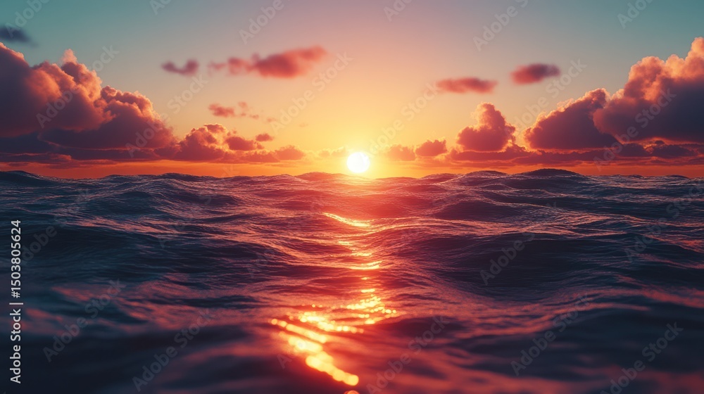 Obraz premium Majestic view of the endless ocean, warm hues of the sunset reflecting on the gently rippling surface