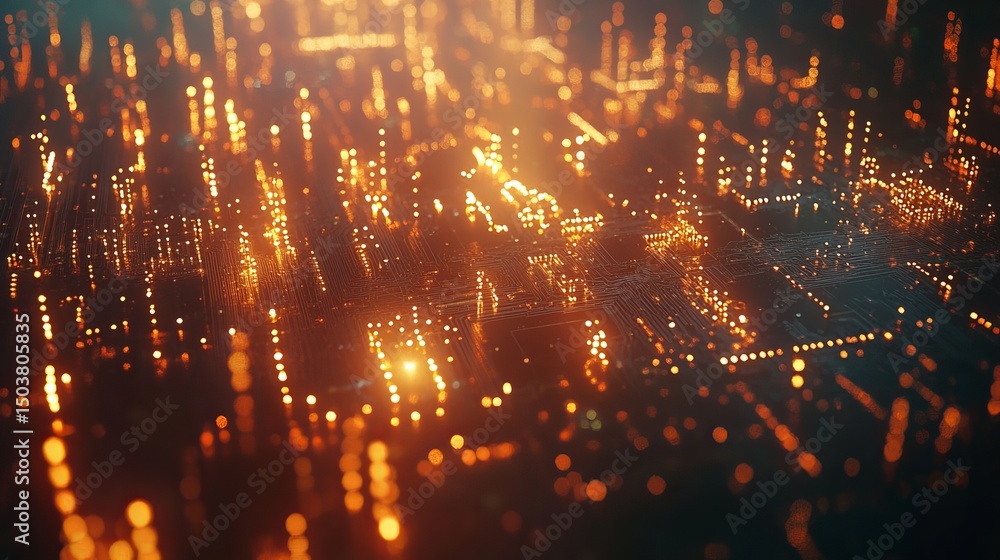 Fototapeta premium Abstract glowing circuit board pattern with bokeh effect and warm orange and yellow color scheme visible