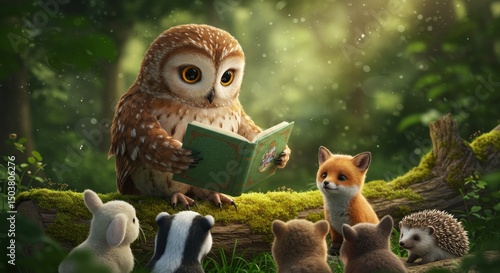 Enchanting forest tale: An owl reads to woodland creatures amidst a lush backdrop