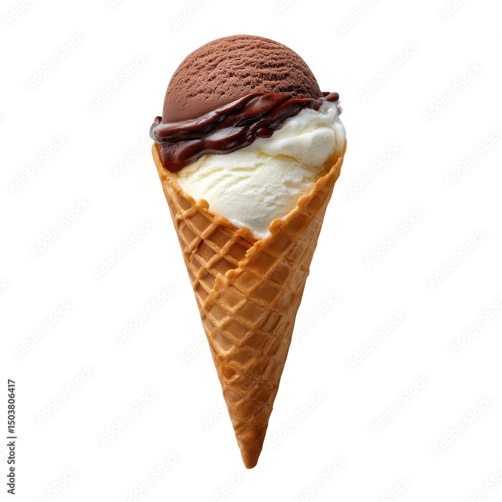 Chocolate and Vanilla Double Scoop Ice Cream Cone with Waffle Cone and Chocolate Syrup Chocolate and Vanilla Double Scoop Ice Cream Cone with Waffle Cone and Chocolate Syrup