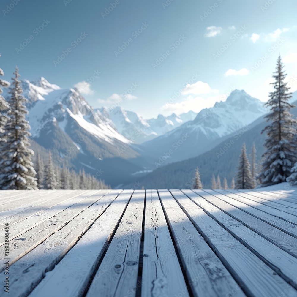 Wooden terrace overlooking snowy mountains in winter. Clear sky, scenic view of snow-covered peaks. Peaceful vacation, travel, remote retreat in highland. Serene winter holiday with breathtaking Wooden terrace overlooking snowy mountains in winter. Clear sky, scenic view of snow-covered peaks. Peaceful vacation, travel, remote retreat in highland. Serene winter holiday with breathtaking