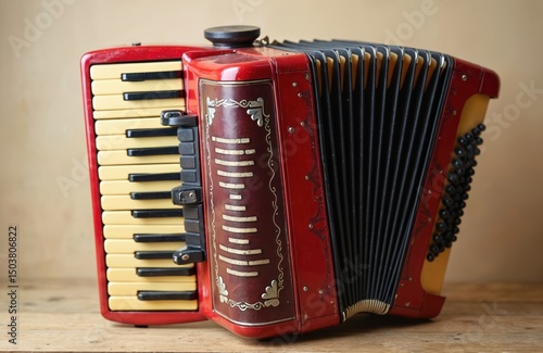Old red accordion, musical instrument. Vintage accordion with piano keys and bellows on wooden surface. Music background, festival, folk songs and melodies. Nostalgia mood. Closeup photo.