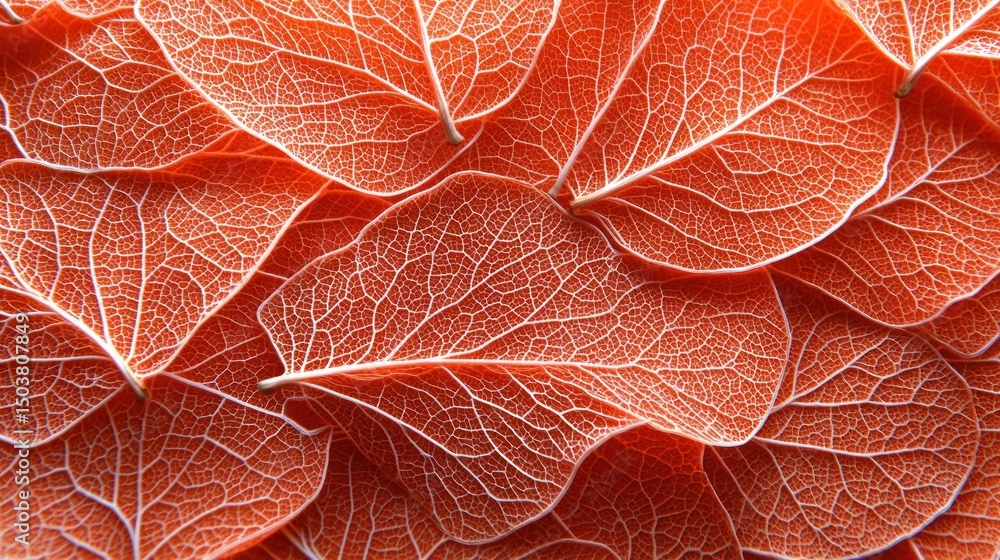 Fototapeta premium Detailed Fall Leaves Background: Translucent Orange and Red Hues with Intricate Veins