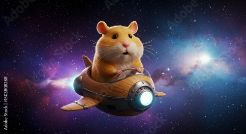 Fototapeta Naklejka Na Ścianę i Meble -  Hamster pilot explores the cosmos in vintage rocket spaceship on cosmic journey