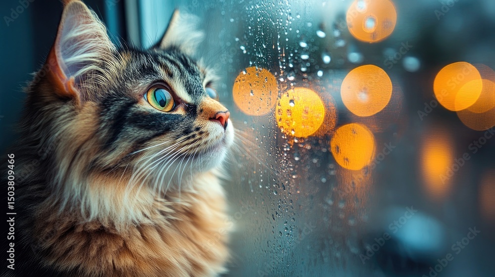 Obraz premium Rainy Night Cat Looks Out Window