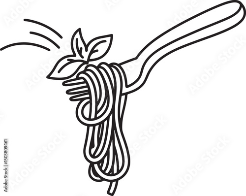 noodles with spoon and mint leaf line art background illustration premium quality