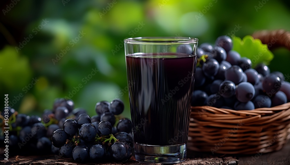 Fototapeta premium Grape juice in a glass and fresh grapes on a wooden table