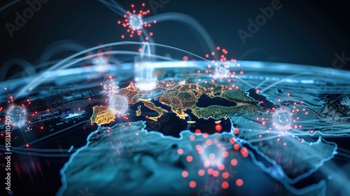 Global connectivity insights mapping data flow and cybersecurity threats across europe digital landscape network visualization futuristic tech