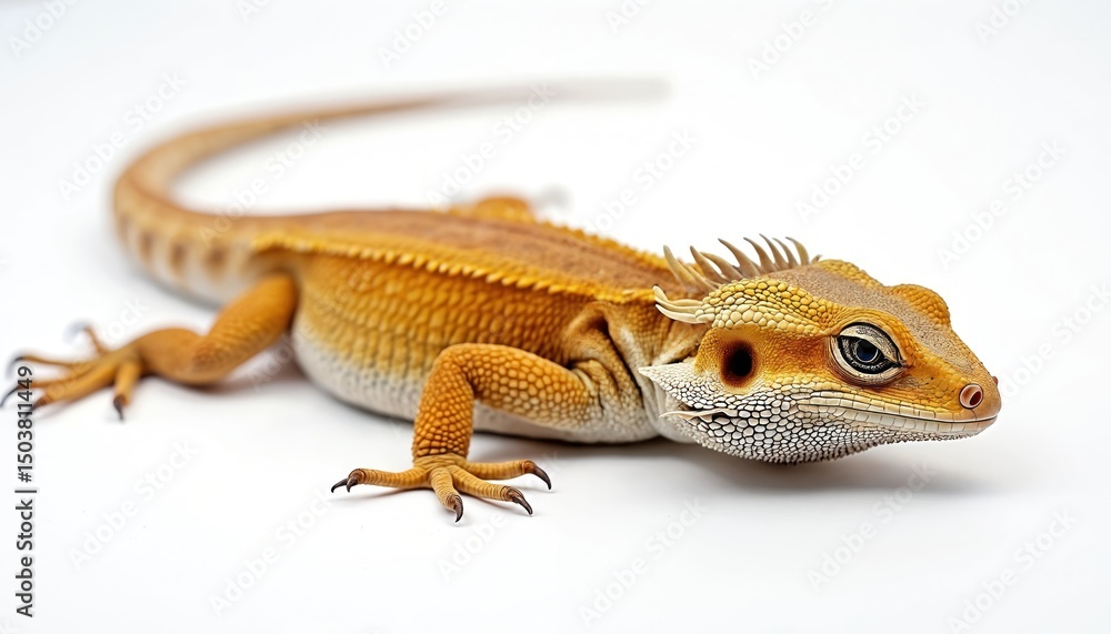Naklejka premium Bearded dragon isolated white background. Reptile animal with detailed texture, brown scales and spiky head, showing closeup eye. Pet lizard looks at camera, detailed portrait.