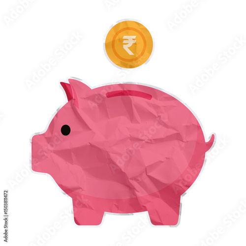 Piggy Bank with Rupee Coin – Indian Currency Savings Concept Illustration, Crumpled Paper Texture