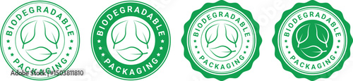 Four green biodegradable packaging badges with eco leaf icon and circular eco-friendly design	