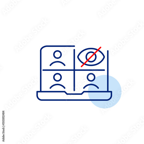 Vector icon of video conference on laptop with crossed-out eye, symbolizing hidden meeting, private call, or invisible attendance. Ideal for communication apps, remote work tools, and privacy settings