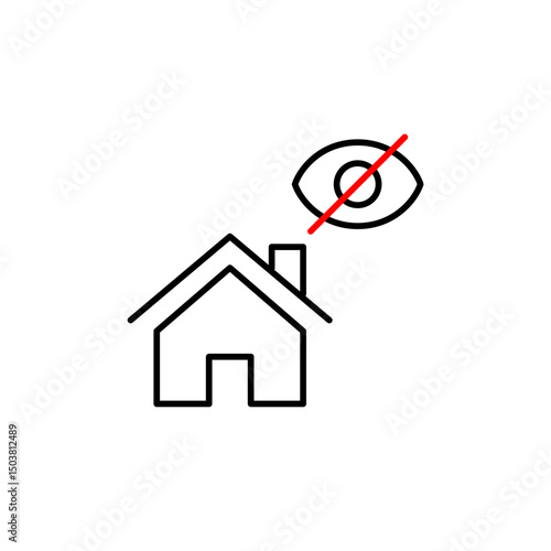 Vector icon of house with crossed-out eye, symbolizing protected privacy, hidden address, or secure living space. Ideal for smart home apps, security services, and privacy-focused designs