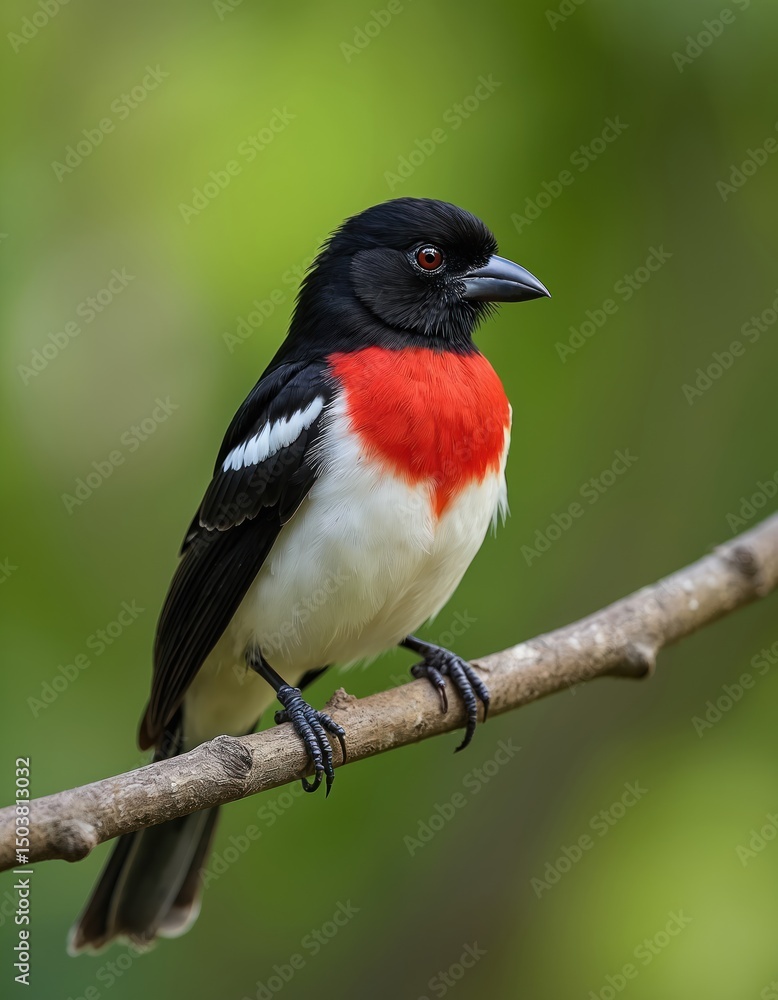 Fototapeta premium Rose-breasted Grosbeak male perched on branch. Bird with black head red chest, white belly, wings. Green blurred background. Cardinal family. Beautiful wild animal in natural environment. Close-up