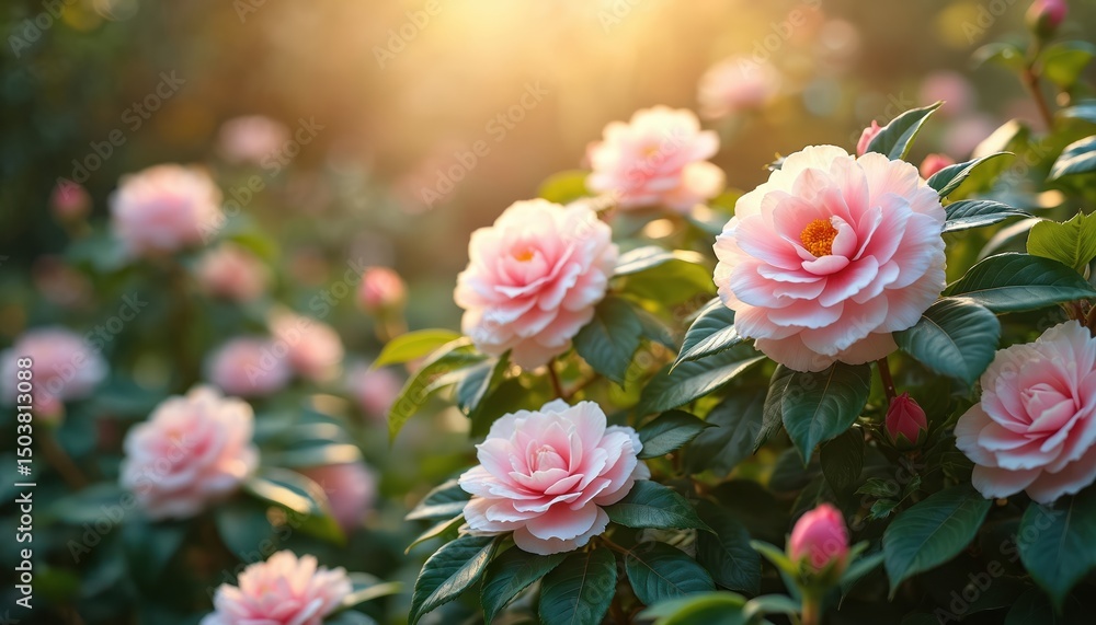 Fototapeta premium Serene garden scene camellia bushes in full bloom. Soft sunlight illuminates pink and white flowers, creating tranquil natural environment. Blooming season in floral landscape.