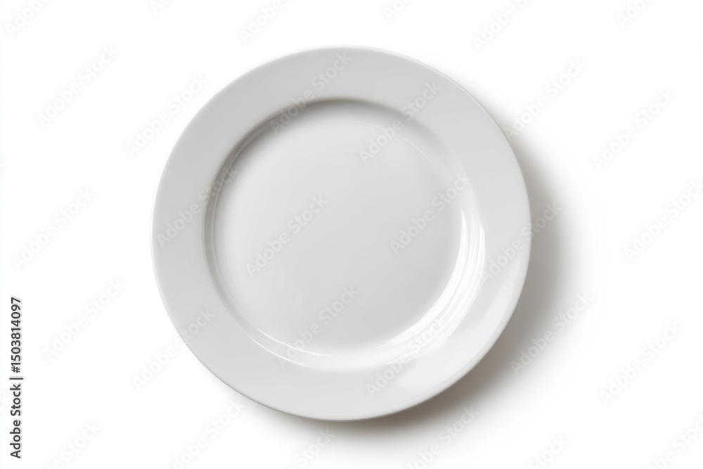 White ceramic plate isolated on white background with smooth surface and round shape for serving food White ceramic plate isolated on white background with smooth surface and round shape for serving food