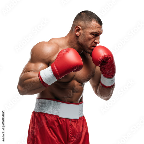 Muscular male boxer in red gloves and shorts posing in guard stance isolated on transparent background