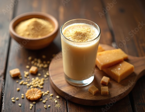 Refreshing glass sattu sharbat on wooden table. Traditional Indian beverage ingredients roasted sattu flour, jaggery. Healthy summer cooler, perfect for thirst quench. Drink, beverage, summer,