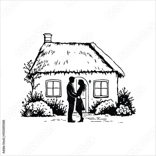 Silhouette of couple embracing in front of thatched cottage in black and white illustration style