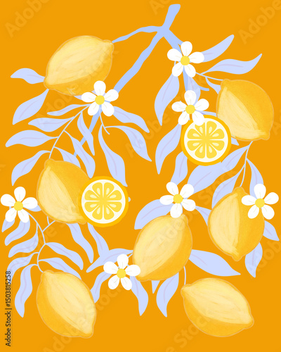 Seamless Lemon and white flower vector illustration with pastel textured background for printable or wrapping. Cute hand draw for wallpaper
