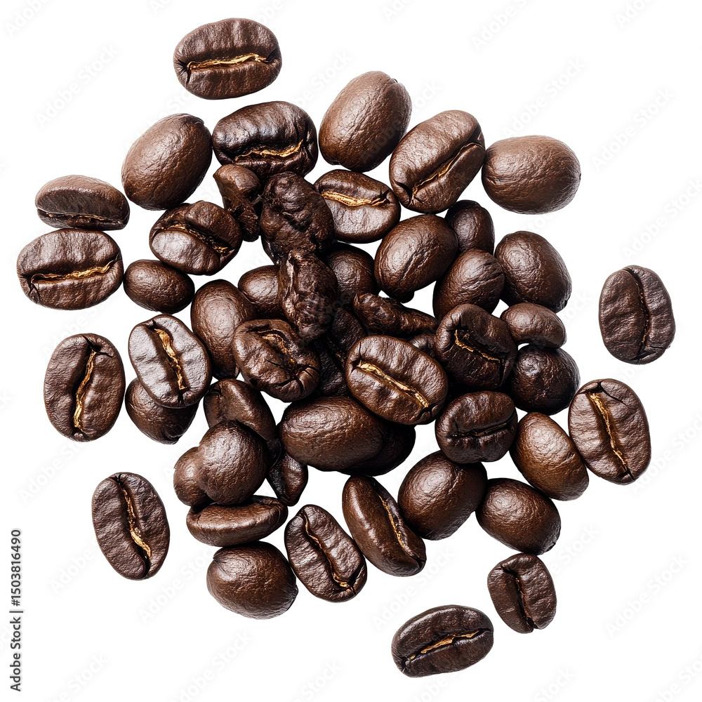 Fototapeta premium Coffee beans scattered on a Transparent background for a fresh and rich aroma experience, Coffee beans as a background isolated on white