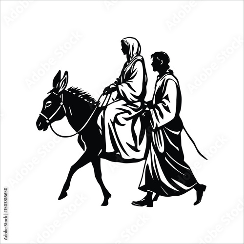Black and white silhouette of mary riding a donkey led by joseph on a white background scene art