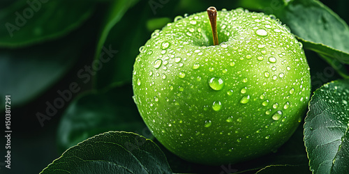 Fresh green apple with water droplets on dark leafy background, perfect for promoting freshness, healthy snacking or natural fruit product packaging