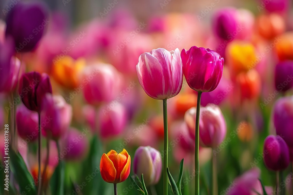 Fototapeta premium Tulip spring flowers bloom nature field garden.